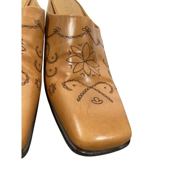 Franco Sarto Tan Leather Etched Slip-On Square Toe Block Heel Mules  Size 10 - Picture 10 of 10